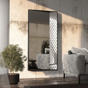 A luxury full-length wall mirror with a unique black wooden frame, featuring a half-and-half design. The mirror combines a black-tinted panel on the left side and a standard reflective panel on the right, joined with beveled edges for an elegant, dimensional effect. Perfect for modern and contemporary interiors, the mirror reflects natural light beautifully, adding a touch of sophistication to any living space.