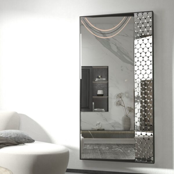 Full-length luxury wall mirror with black wooden frame and unique half-and-half design, featuring a black-tinted mirror on one side and clear reflective mirror on the other. Perfect for modern and classic interiors.