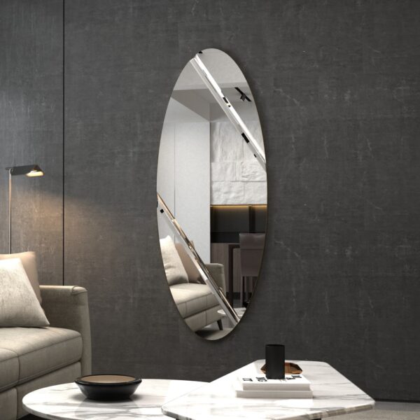 Oval frameless wall mirror with two diagonal beveled lines and black edges