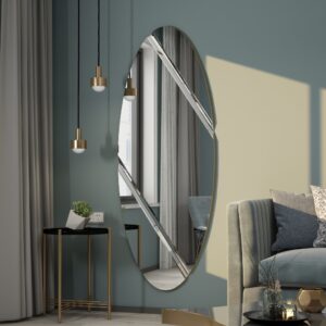 Oval frameless wall mirror with two diagonal beveled lines and black edges