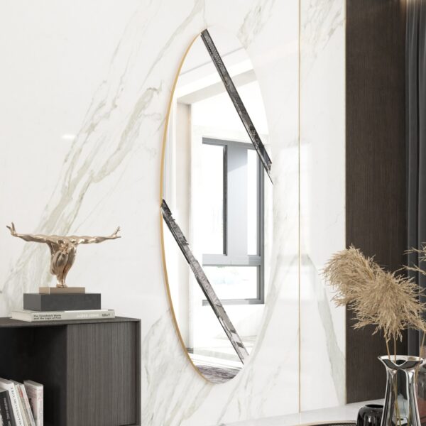 Oval frameless wall mirror with two diagonal beveled lines and black edges