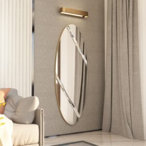 Modern oval wall mirror with durable wooden backing and gold edge detailing