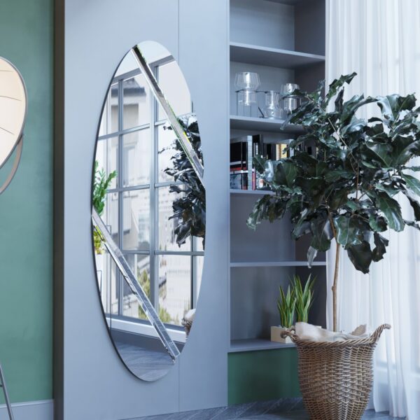 Modern oval wall mirror with durable wooden backing and gold edge detailing