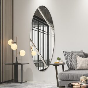 Modern oval wall mirror with durable wooden backing and gold edge detailing