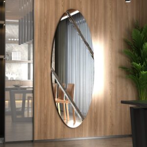 Elegant oval wall mirror with beveled lines and silver edge finish