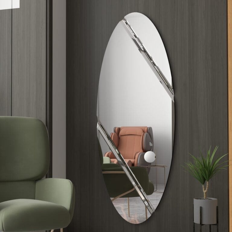 Elegant oval wall mirror with beveled lines and silver edge finish