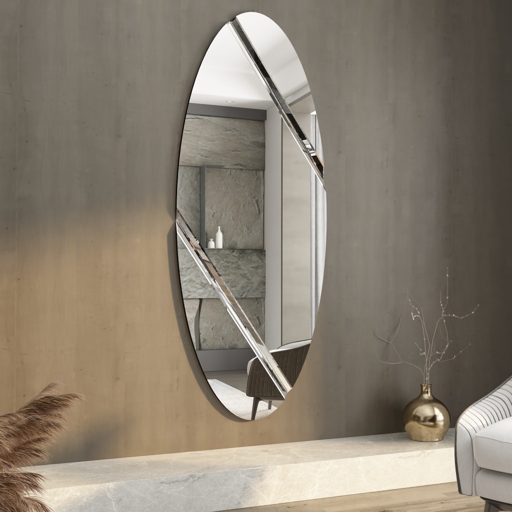 Elegant oval wall mirror with beveled lines and silver edge finish