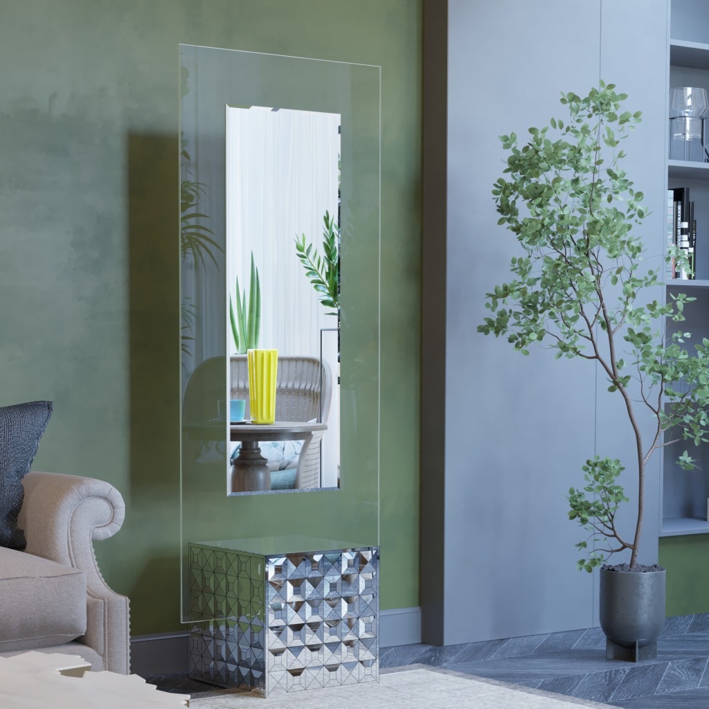 Free-standing full-length mirror with a beveled-edge glass panel, supported by a square cube base adorned with 3D prism-shaped mirrored artwork, perfect for contemporary interiors.