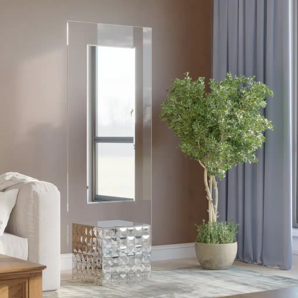 Free-standing full-length mirror with a beveled-edge glass panel, supported by a square cube base adorned with 3D prism-shaped mirrored artwork, perfect for contemporary interiors.