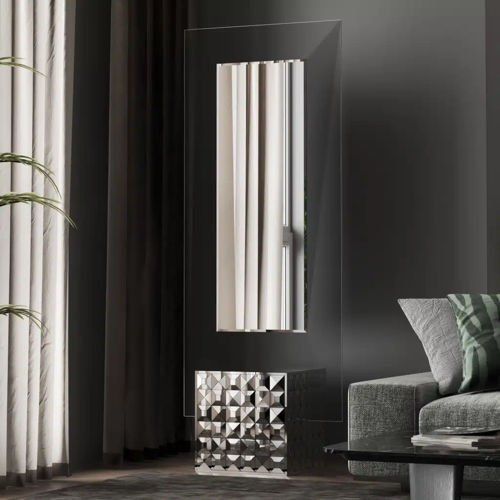 Free-standing full-length mirror with a beveled-edge glass panel, supported by a square cube base adorned with 3D prism-shaped mirrored artwork, perfect for contemporary interiors.