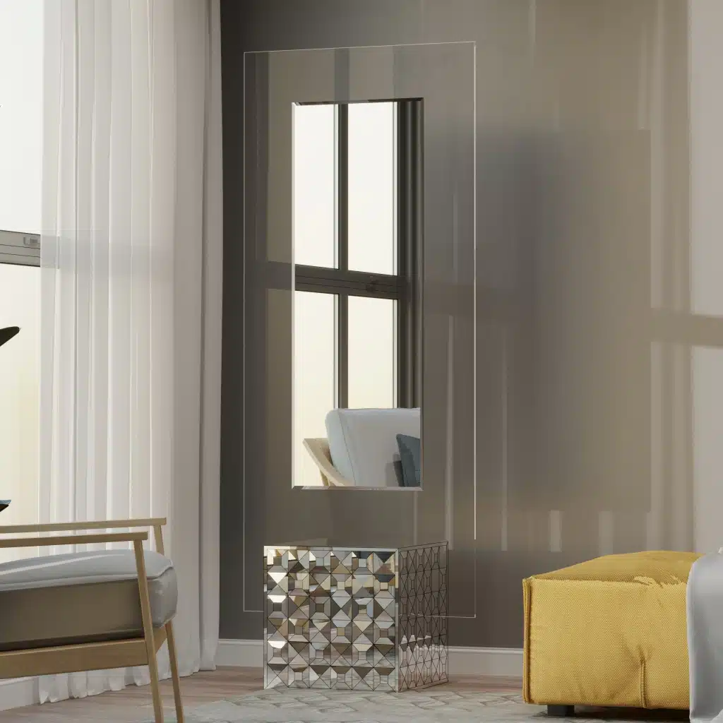 Free-standing full-length mirror with a beveled-edge glass panel, supported by a square cube base adorned with 3D prism-shaped mirrored artwork, perfect for contemporary interiors.
