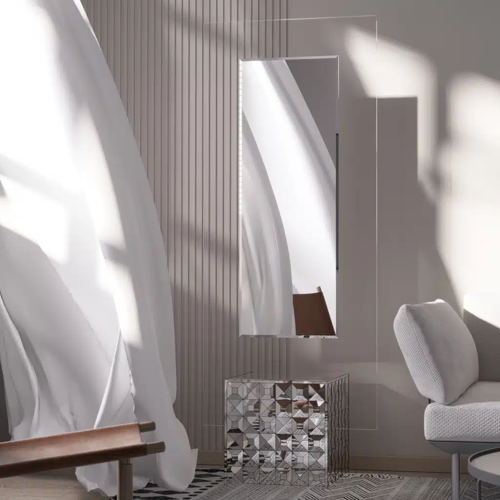 Free-standing full-length mirror with a beveled-edge glass panel, supported by a square cube base adorned with 3D prism-shaped mirrored artwork, perfect for contemporary interiors.