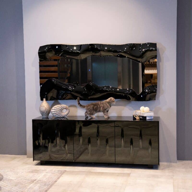 Luxury Wavy Black Tinted Glass Wall Mirror – Handmade 3D Designer Mirror for Modern Interiors