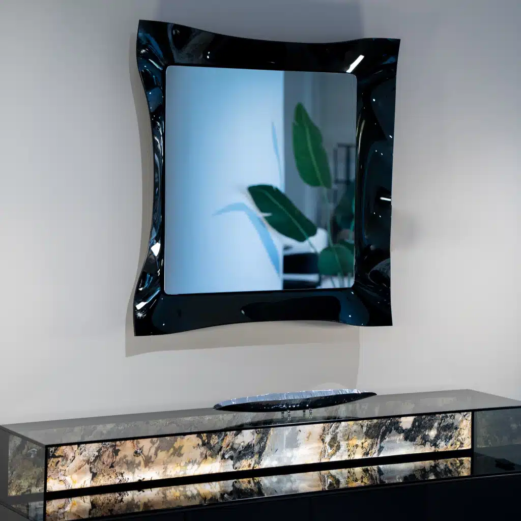 Luxury Wavy Black Tinted Glass Wall Mirror – Handmade 3D Designer Mirror for Modern Interiors