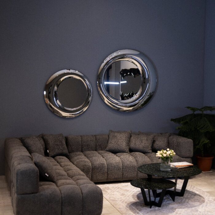 High-end silver-tinted large wall mirror with sculptural glass design