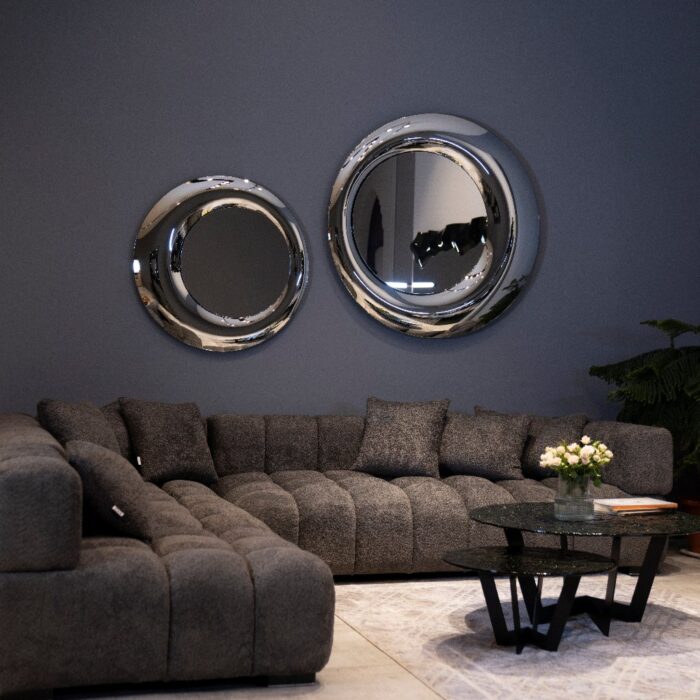 High-end silver-tinted large wall mirror with sculptural glass design