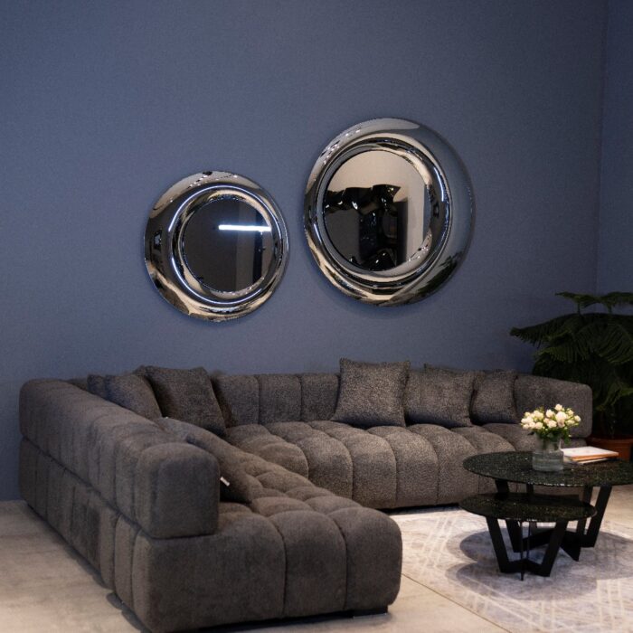 High-end silver-tinted large wall mirror with sculptural glass design