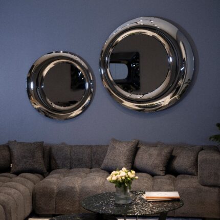 High-end silver-tinted large wall mirror with sculptural glass design