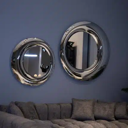 High-end silver-tinted large wall mirror with sculptural glass design