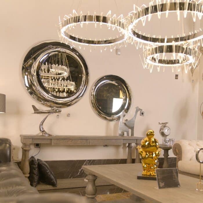 High-end silver-tinted large wall mirror with sculptural glass design