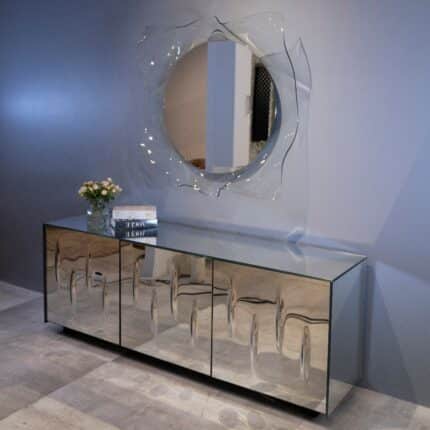 Luxury silver fused glass console table with mirrored top and storage shelves