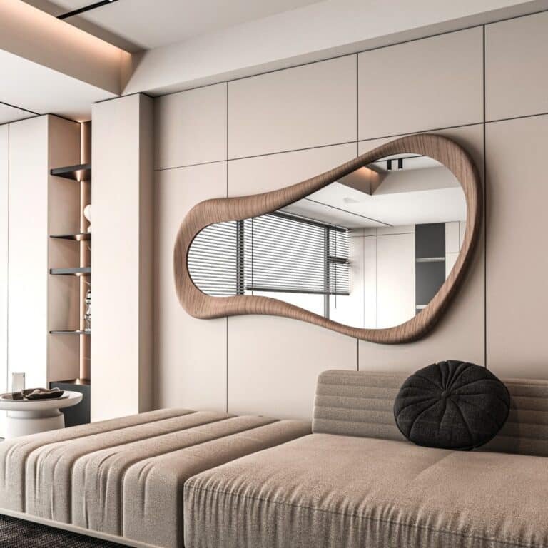 Pebble shaped modern wall mirror in natural beech finish