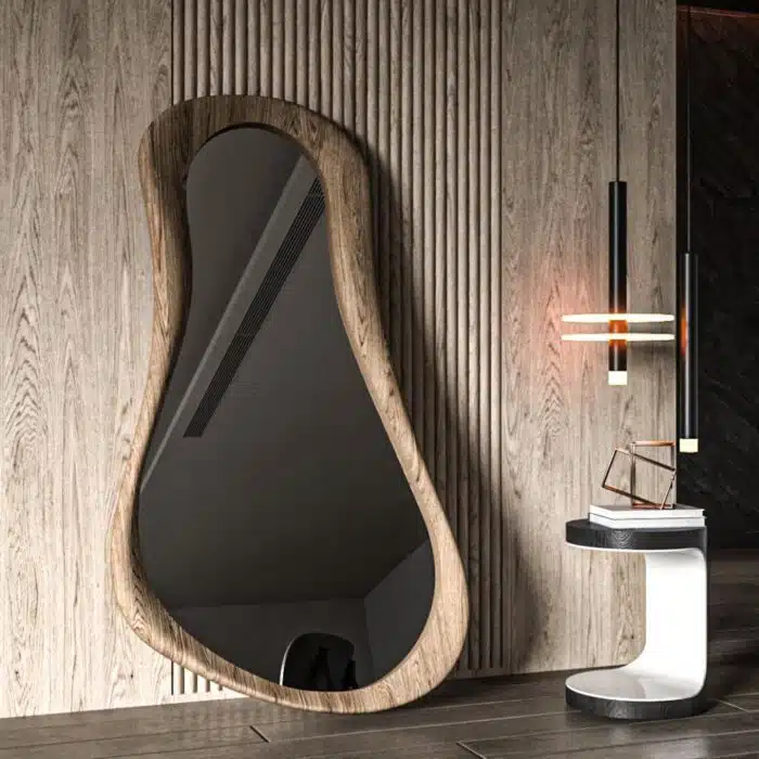 Organic sculptural wall mirror in rustic oak frame