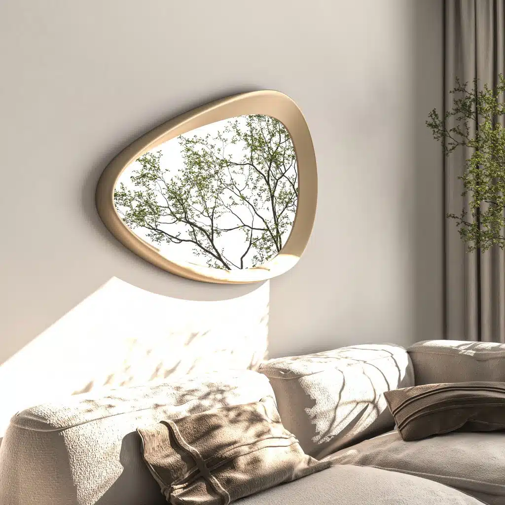 Freeform pebble mirror with semi-matt gold frame