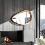 Sculptural decorative wall mirror in pine wood frame