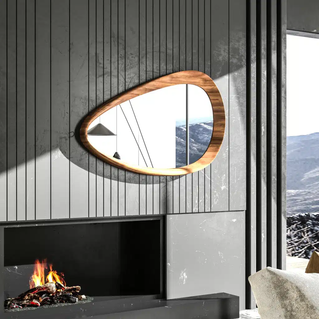 Sculptural decorative wall mirror in pine wood frame