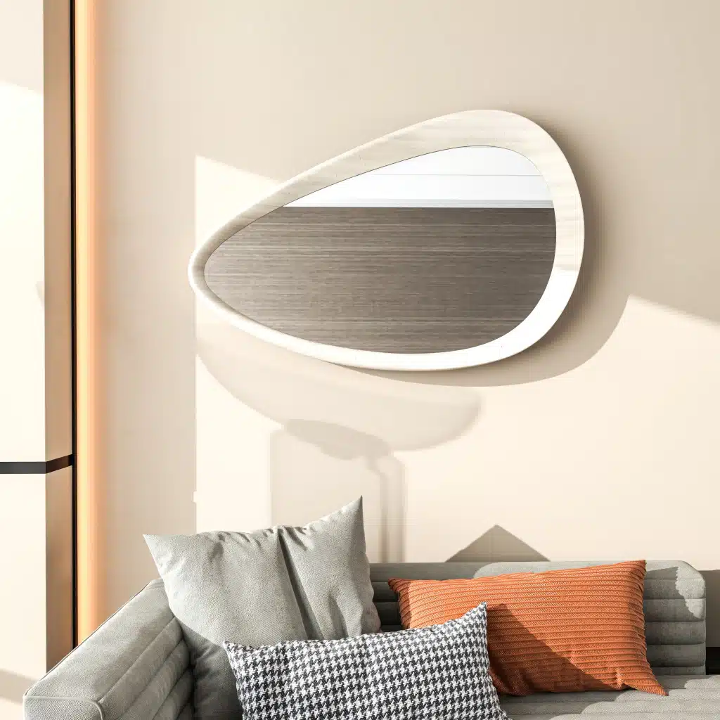 Organic pebble wall mirror with white wood varnish frame