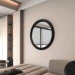 Matt black round wall mirror with solid wood frame