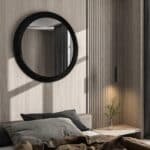 Matt black round wall mirror with solid wood frame