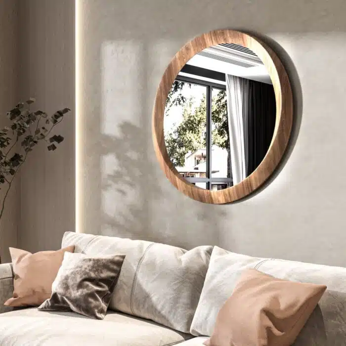 Lightly steamed beech round wooden mirror