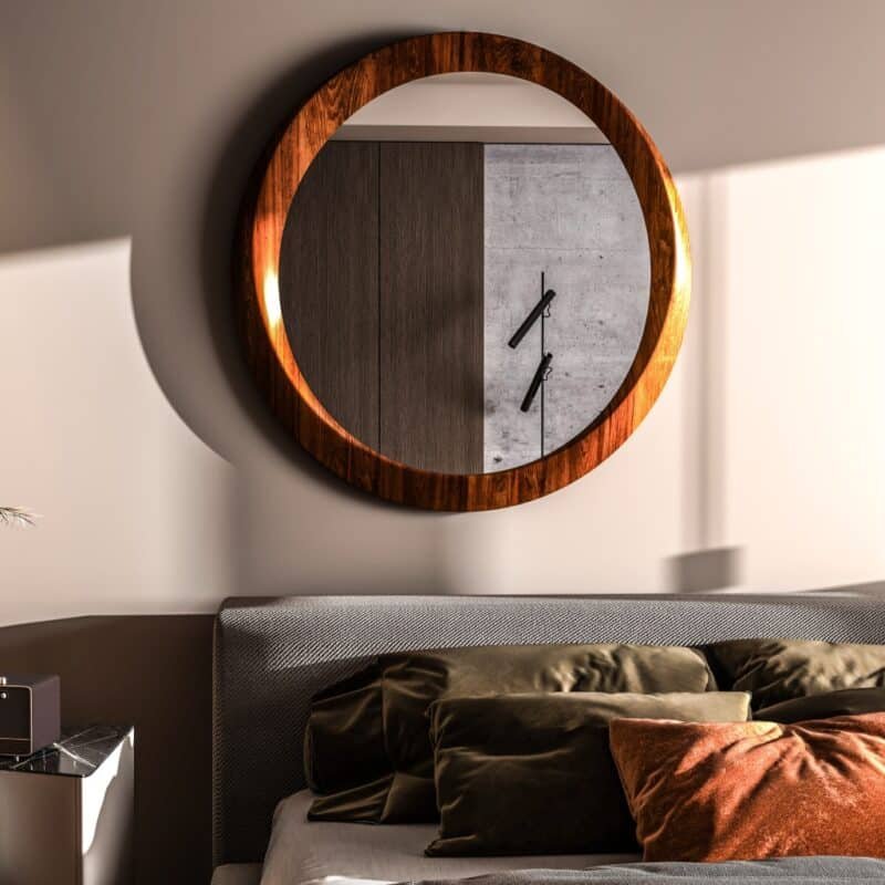 Walnut round wall mirror handmade solid wood
