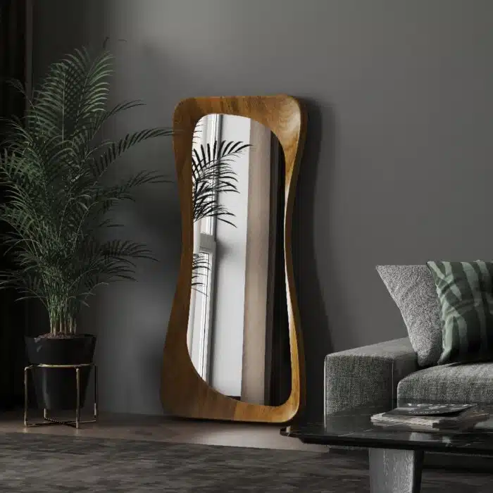 Designer organic wall mirror in Walnut finish