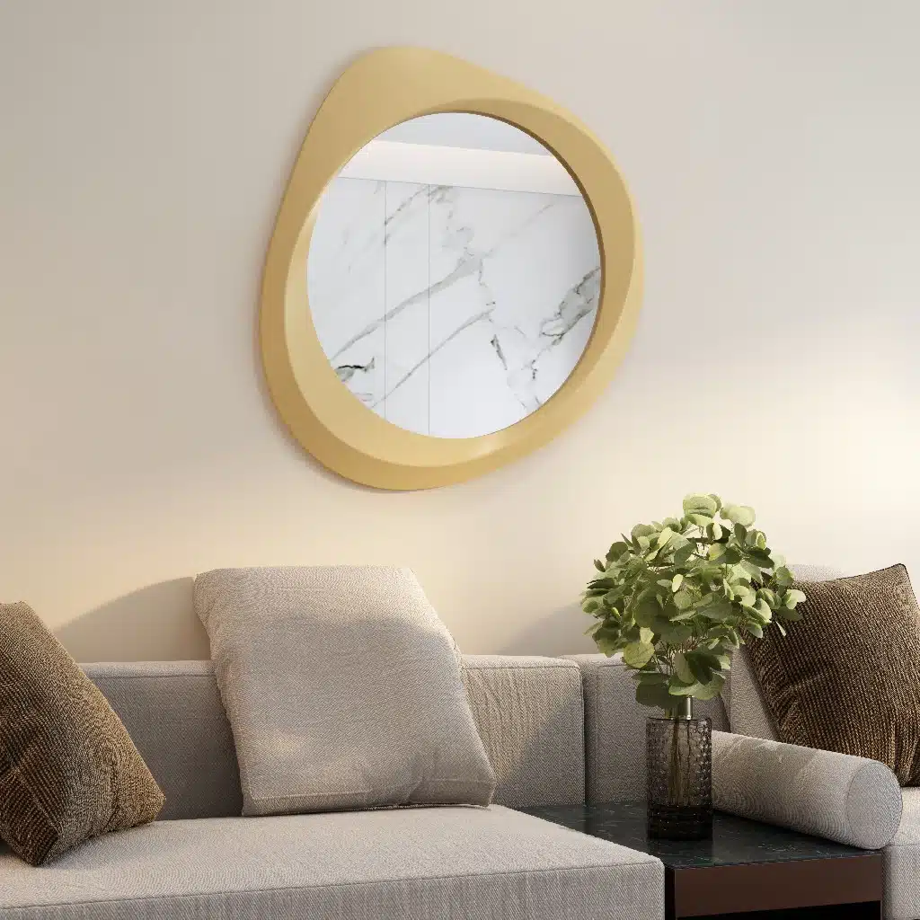 Designer sculptural mirror in Semi-Matt Gold