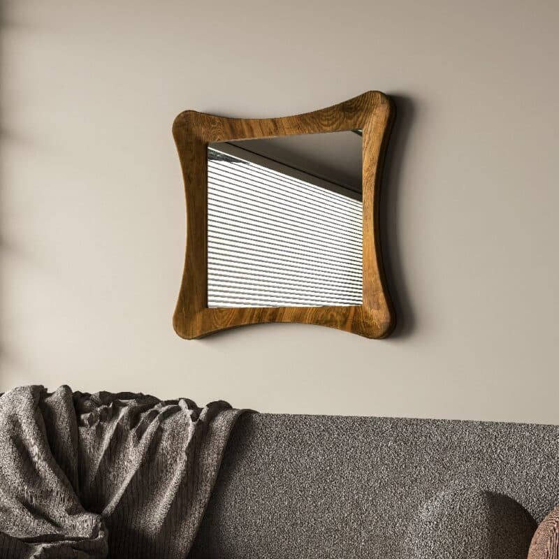 Handmade sculptural wall mirror in walnut finish