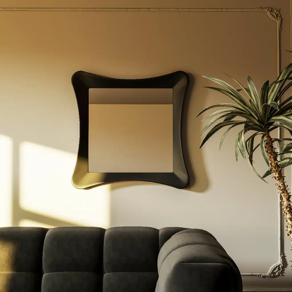 Handmade sculptural wall mirror in matt black paint