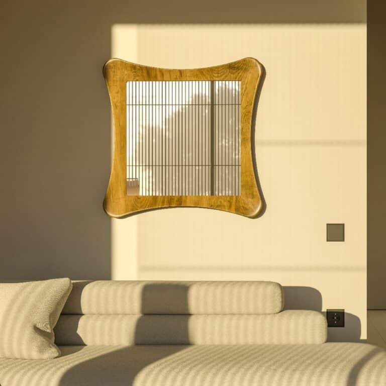 Handmade sculptural wall mirror in oak finish