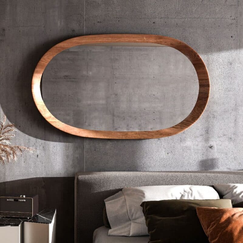 Handmade oval wall mirror in walnut finish